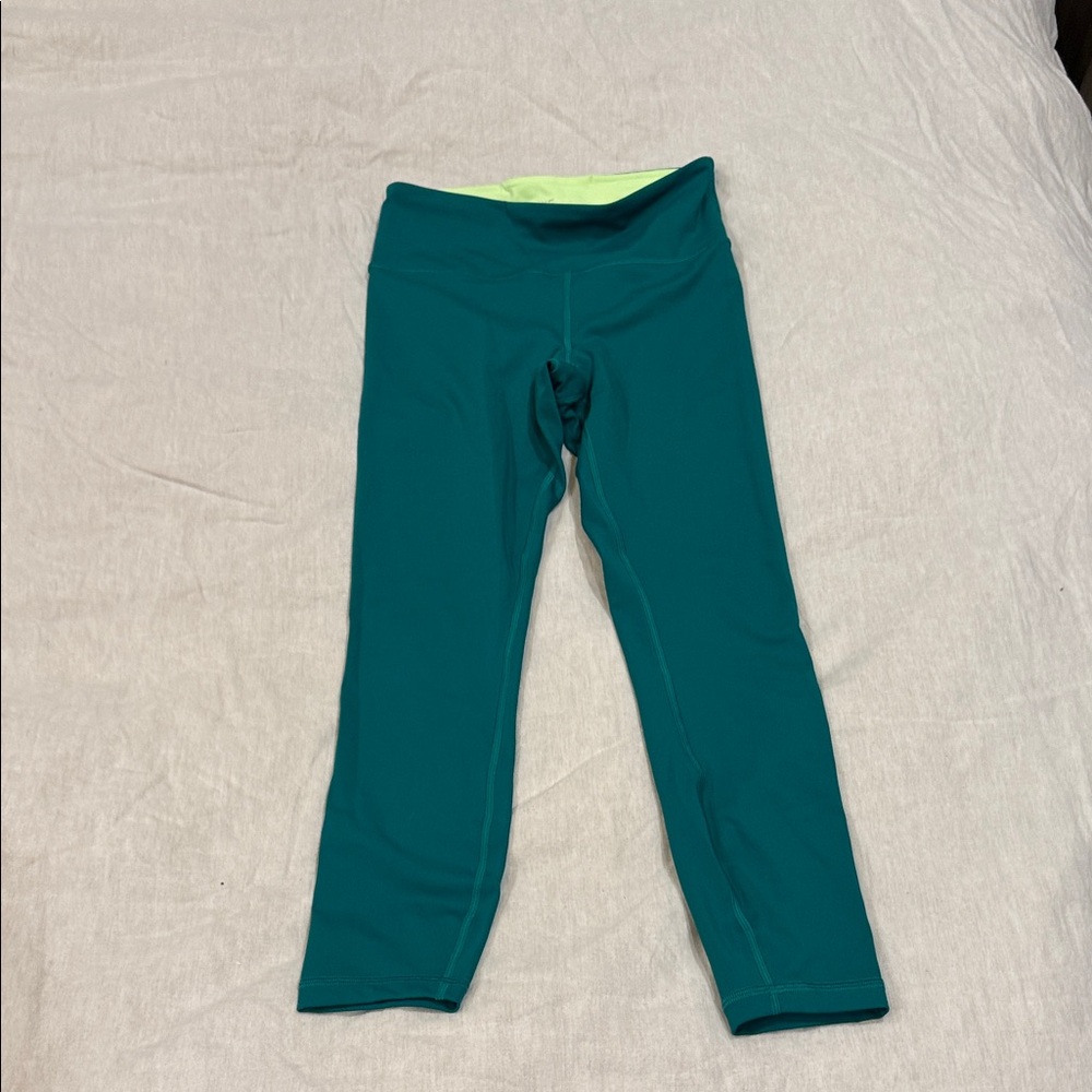 Athleta Teal Leggings with Lime Waistband